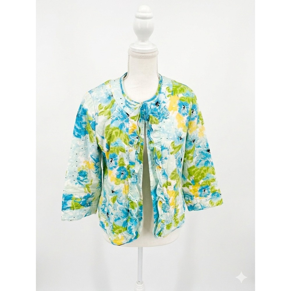 Kirkland Signature Blue Green Floral Ruffle Open‎ Front 3/4 Sleeve Jacket